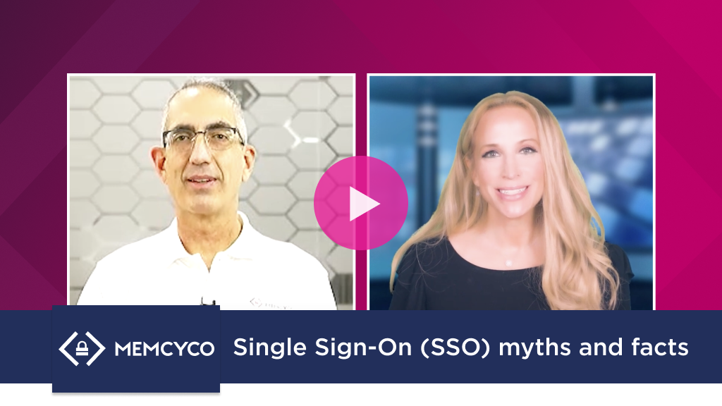 A man and woman with text about SSO facts on a vibrant purple background.