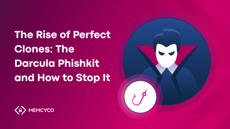 A graphic featuring Dracula imagery and a phishing hook icon, titled "The Rise of Perfect Clones: The Darcula Phishkit and How to Stop It," highlights the evolving danger of perfect clones, with the MEMCYCO logo included.