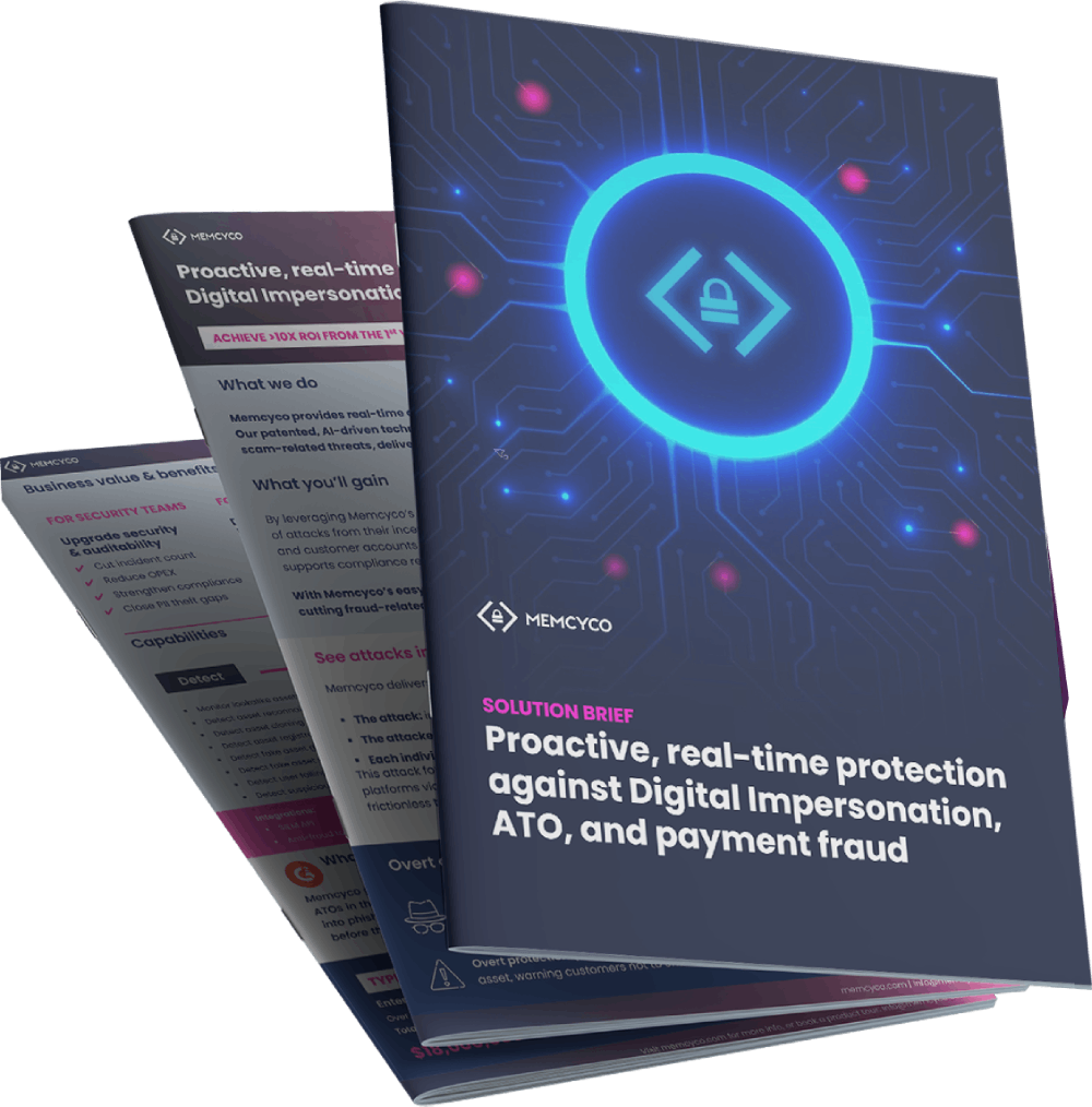 A stack of brochures titled "Proactive, real-time protection against Digital Impersonation, ATO, MiTM attacks, and payment fraud" by Memcyco, featuring a digital security-themed cover design and real-world use case insights.