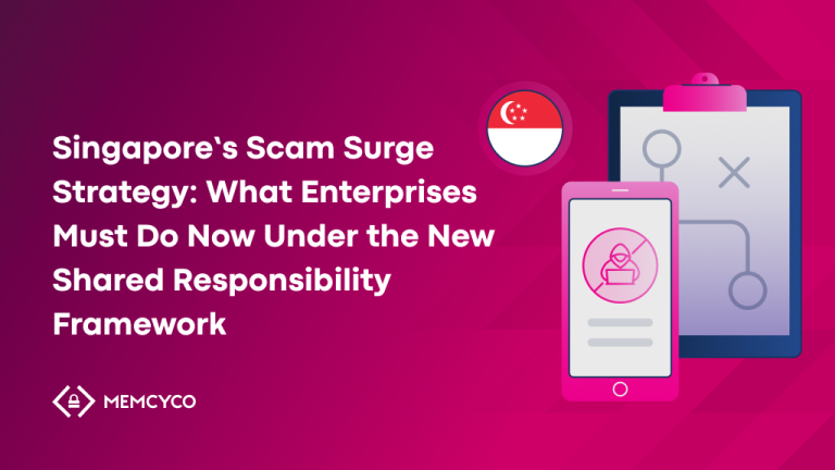 Pink and purple graphic with text about Singapore's Scam Surge Strategy and enterprise responsibilities, featuring the Singapore flag, clipboard illustration, phone with a scam warning icon, and highlighting the Shared Responsibility Framework for Singapore enterprises.