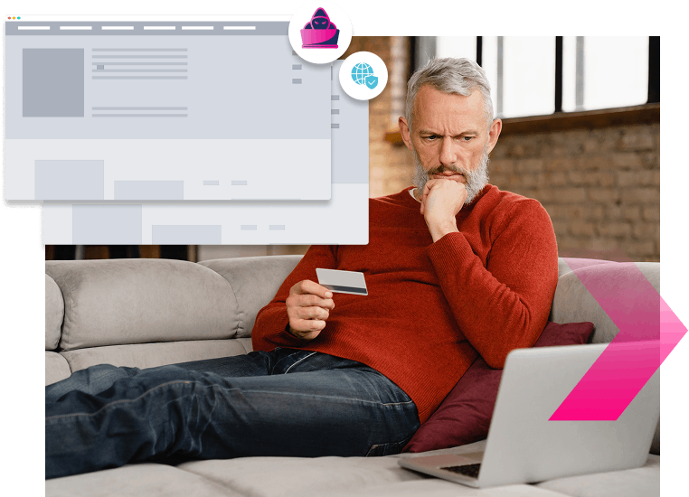 A man sits on a couch holding a credit card and looking at a laptop screen, appearing to shop or make an online payment, while security measures work in the background to stop more ATOs.