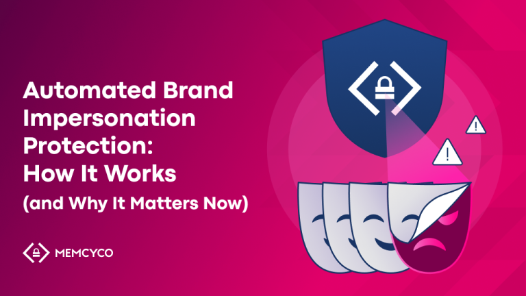 Illustration showing a shield protecting documents with warning symbols, alongside the text: "Automated brand impersonation protection: How It Works (and Why It Matters Now).